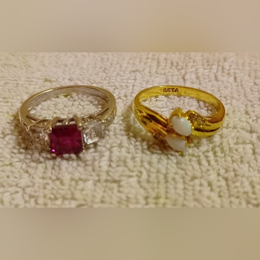 Opal "SETA" Ring And H925 Red/White Stone Ring Bundle-Size 6 1/2 To 7